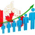 A group of blue human figures increase in size along a rising green arrow, overlaid on a map of Canada, symbolizing population growth.