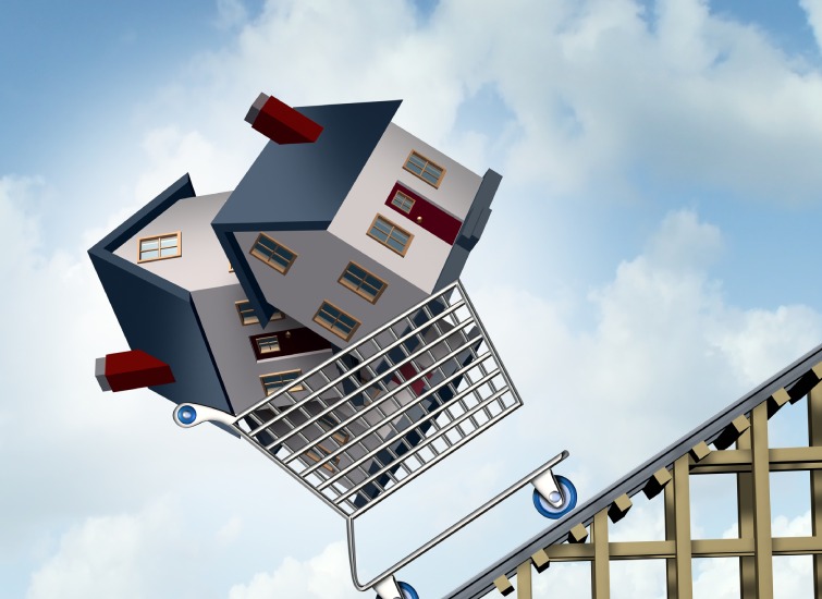 Illustration of two houses in a shopping cart on an upward slope, symbolizing the increasing cost or investment in real estate—perfectly capturing the trends highlighted in the Ontario Quarterly Market Overview.